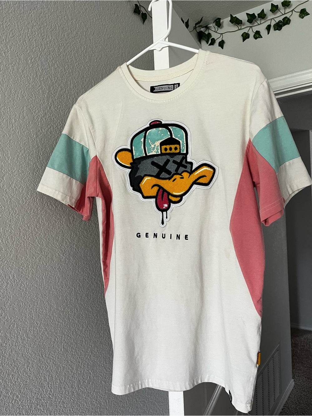 White Graphic Tee with Pink & Mint Colorblock Sleeves